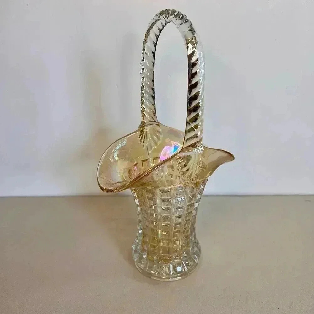 Vintage Imperial Carnival Marigold Iridescent Waffle Block‎ Glass Basket Vase